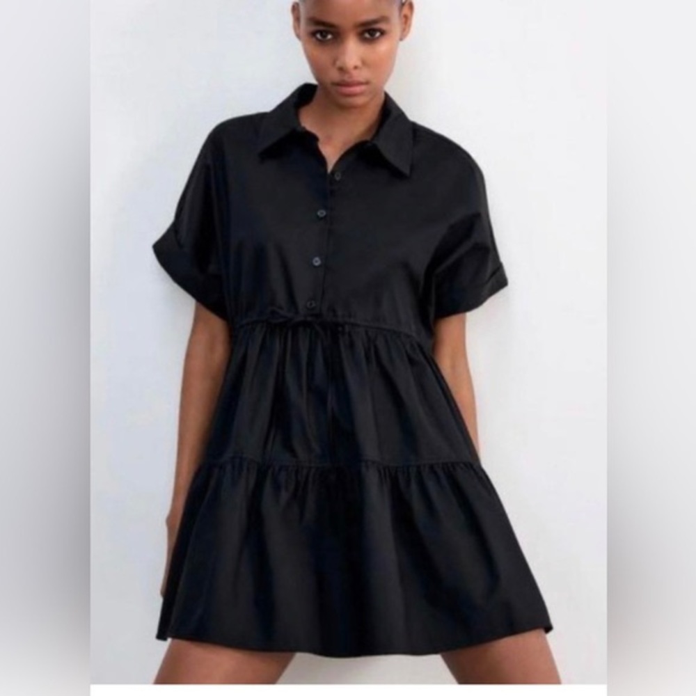 Zara Mini Tiered Oxford Black Shirt Dress- Size XXL